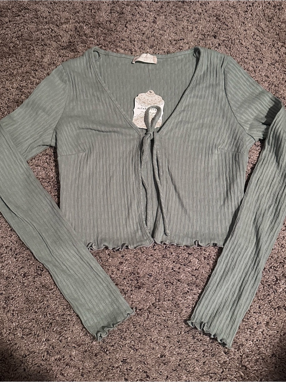 NWT Altar'd State Sage Ribbed Tie-Front Long Sleeve Crop Top